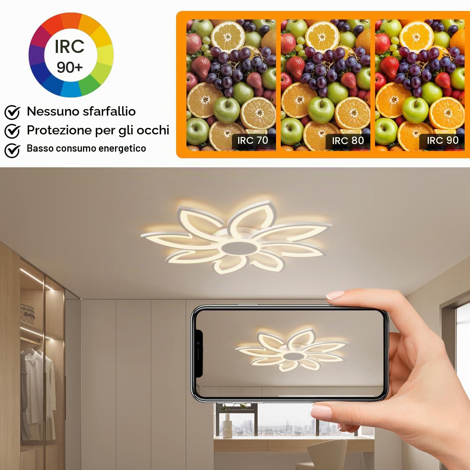 Plafoniera LED Soffitto Smart 80cm, Lampadario Moderno Design a Fiore Dimmerabile Compatibile con Alexa/Google Home, Luce con App/Telecomando per Salotto e Camera, 3000K-6500K, Bianco