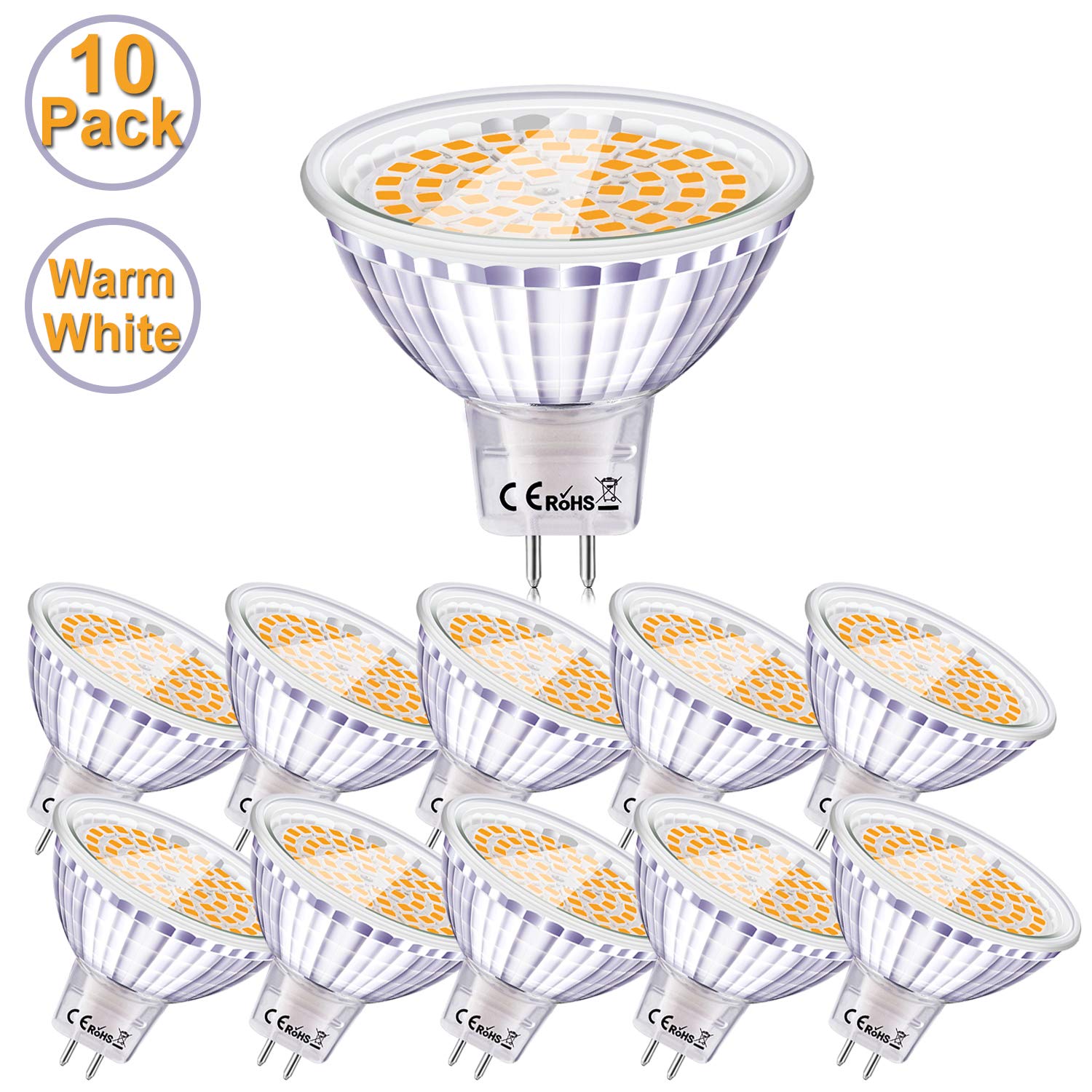 Eofiti MR16 LED Bulb Warm White 2700K 6W AC/DC 12V GU5.3 LED Light Bulbs (50W Halogen Equivalent) Non-dimmable GU5.3 Bulb Bi-Pin Base 540LM 120° Spotlights High CRI 83+Ra [10 Pack]