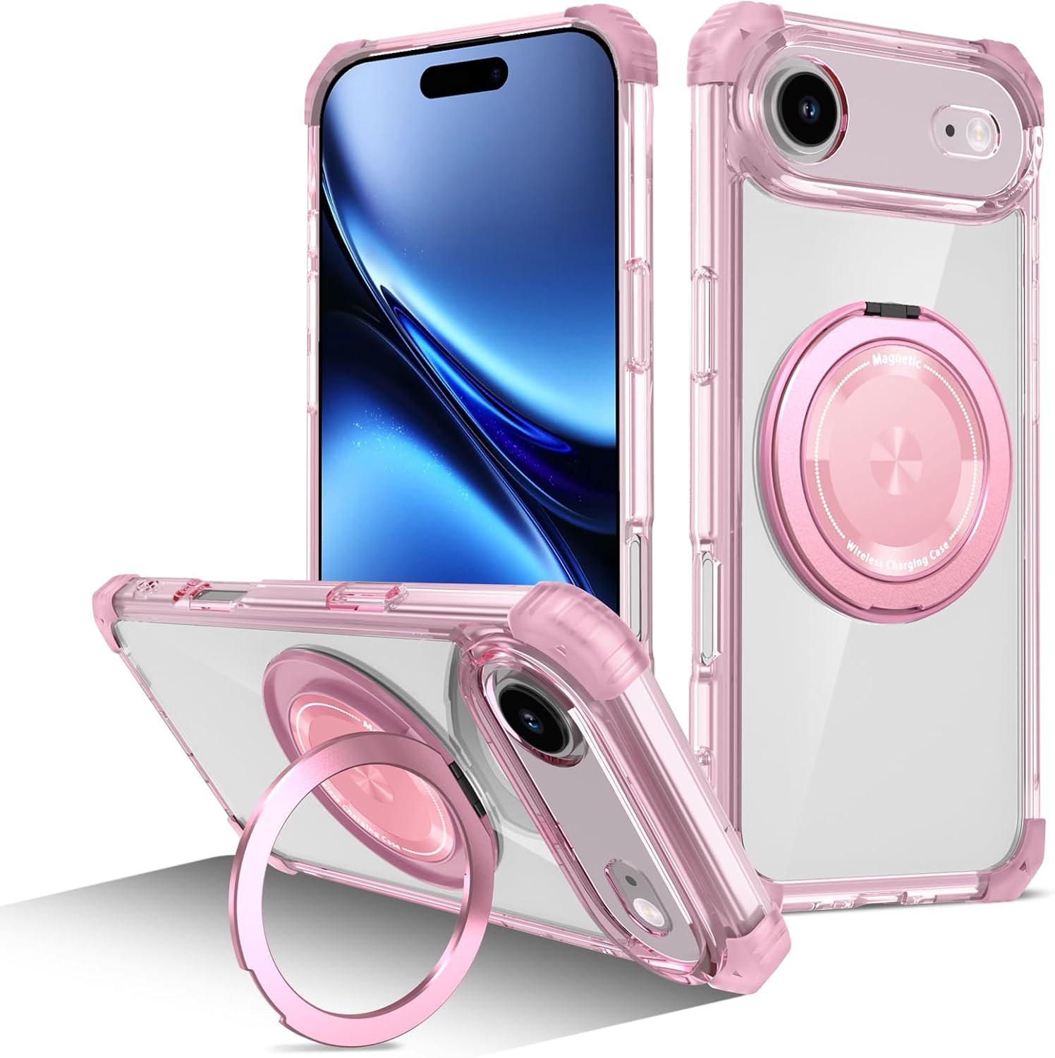 Golden Shield Rotation 360 Gegrees Mobile Phone Holder Case for Apple iPhone Air, [Support Wireless Charging] Slim Shockproof Protective Phone Cover Cases, Pink