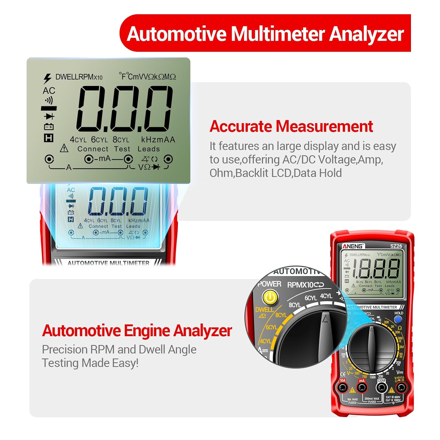 Close-up of ANENG SZ26 Multimeter display and function dial