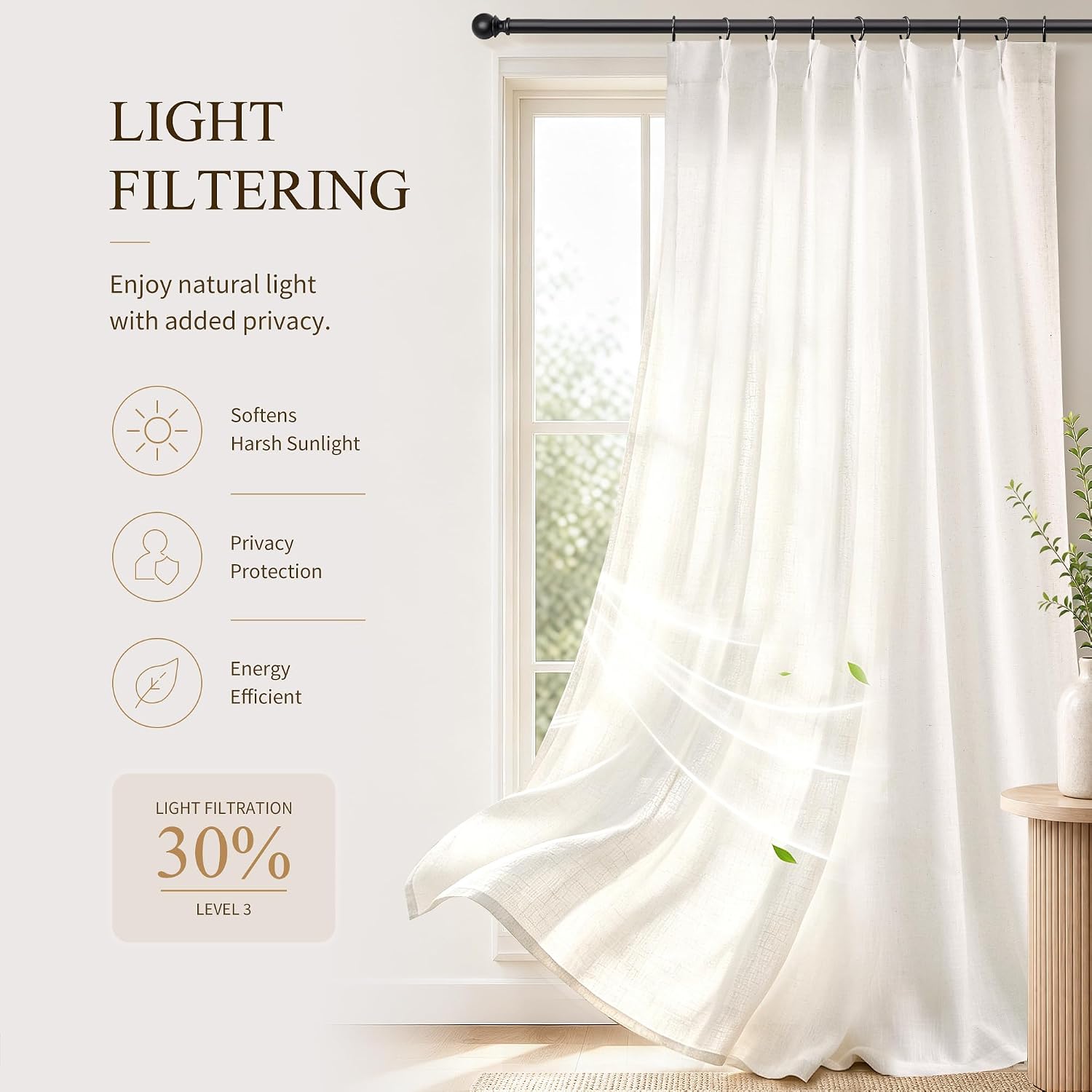 Hokibero Natural Pinch Pleated Linen Curtains 84 Inch Long for Living Room