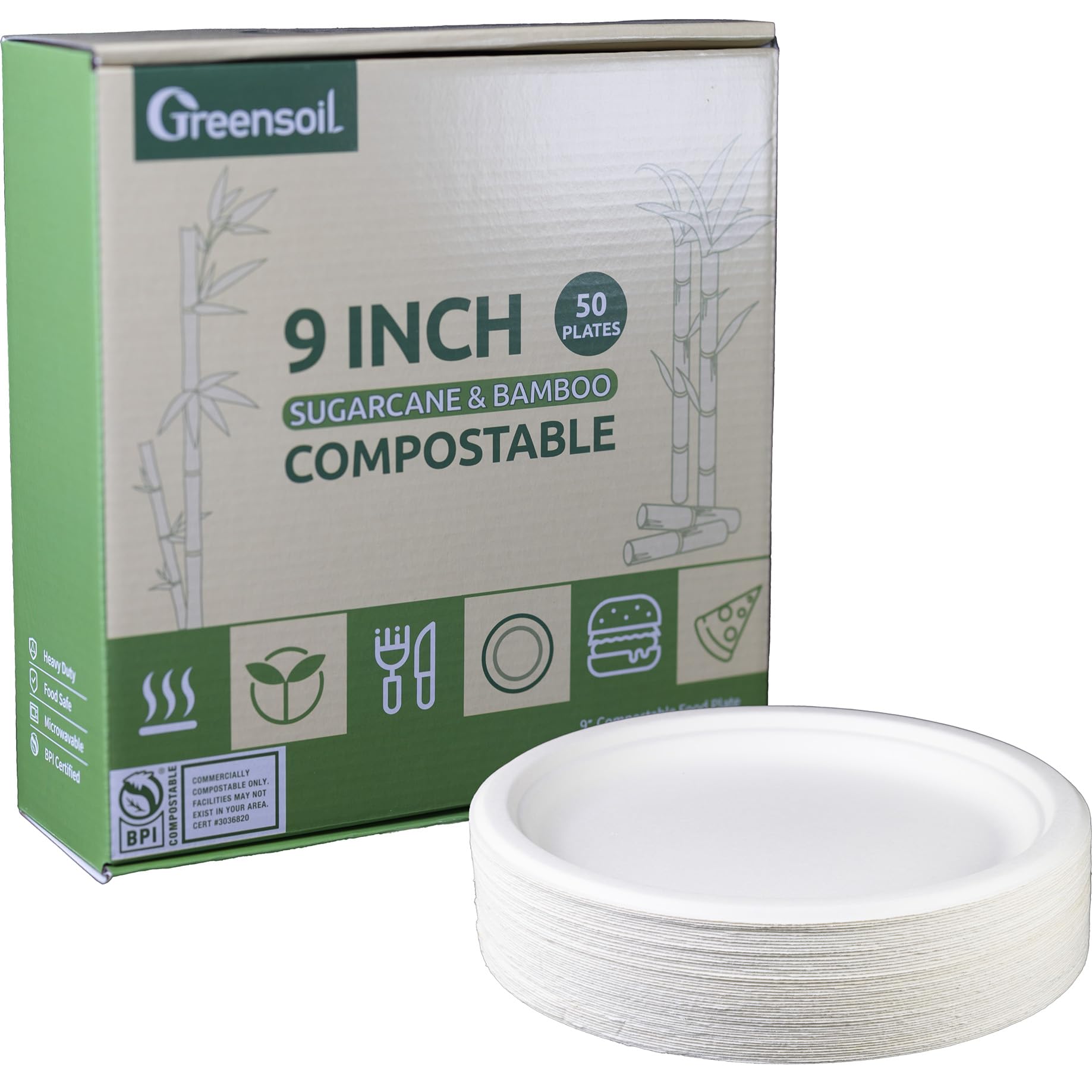 Greensoil Plato compostable de 9 pulgadas, paquete de 50 platos de papel gruesos, resistentes y duraderos, aptos para microondas y congelador, material biodegradable de caña de azúcar y bambú,