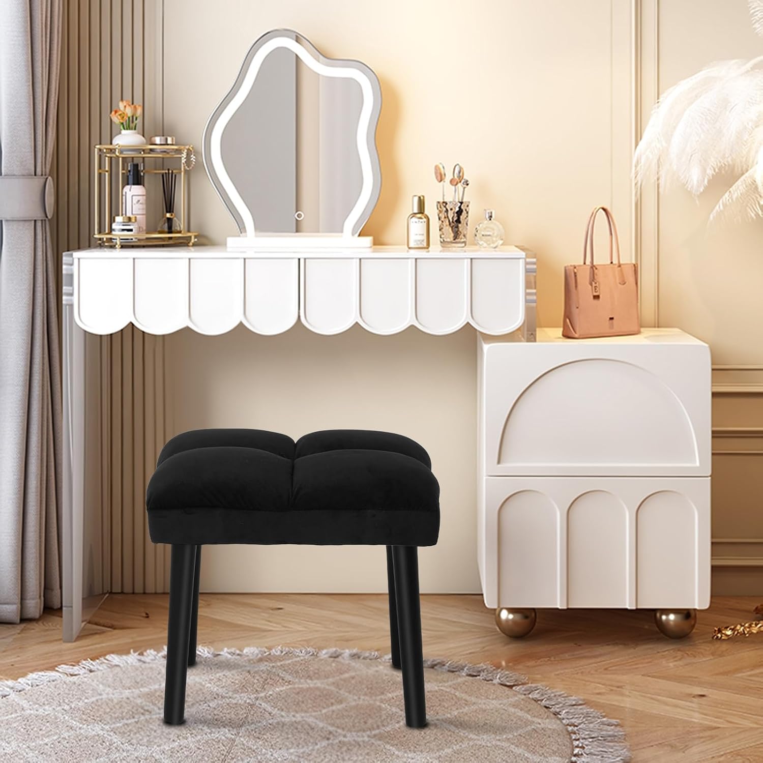 HOUCHICS Black Ottoman Stool, Square Makeup Stool with Wooden Legs, Small Ottoman Stools Chair for Vanity, Modern Padded Sofa Seat Foot Rest Stools(Black)