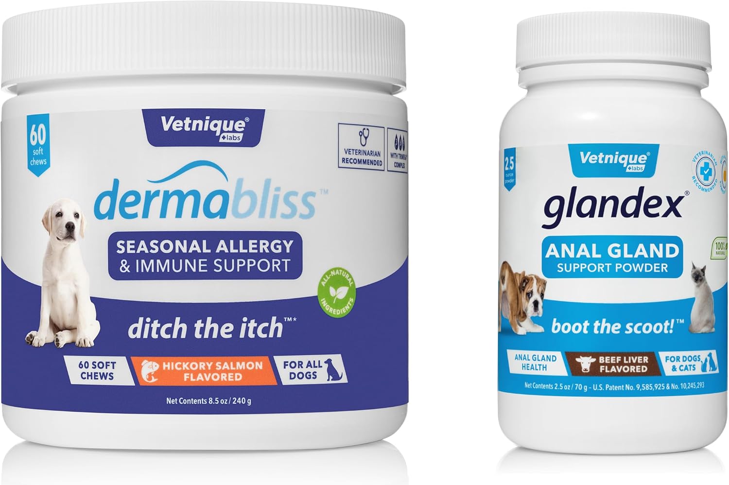 Vetnique Labs Glandex Beef Liver Anal Gland Support Powder 2.5oz & Dermabliss Allergy Chews 60 Count Dog Allergies and Itch Support Bundle