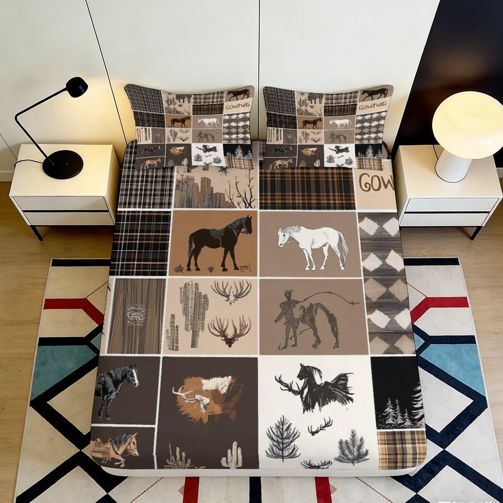 3D Printed Western Cowboy Horse Fitted Sheet Microfiber Non-slip Plaid Forest Mattress Cover Bedroom Decor 120x200cm 90x200x25cm