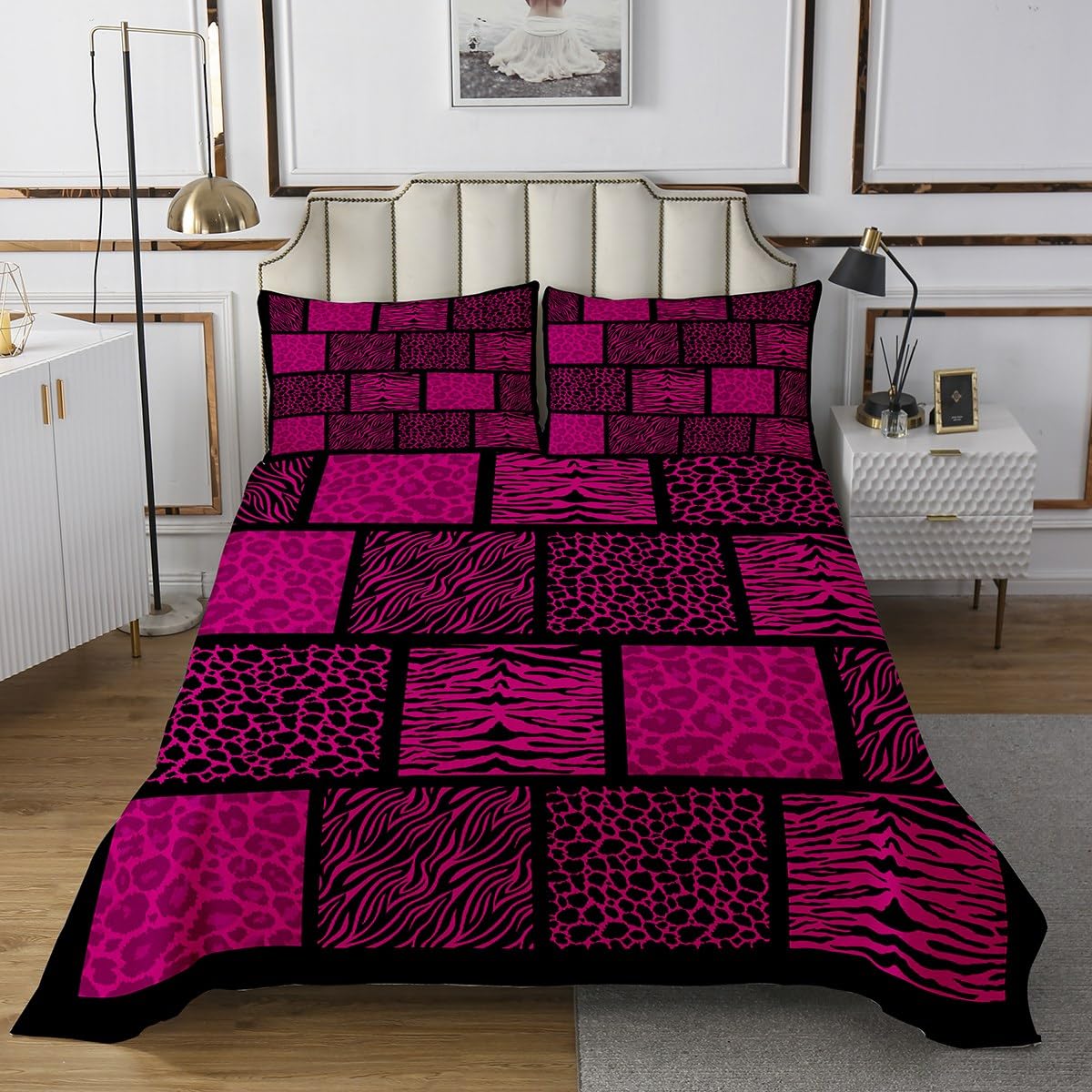 Wild Animals Skin Quilt Set for Kids,Pink Leopard Bedspread Coverlet,Zebra Giraffe Fur Pattern Bed Cover Grid Splicing Bedding Set Decorative Quilted 2 Piece Coverlet with 1 Pillow Sham,Twin Size
