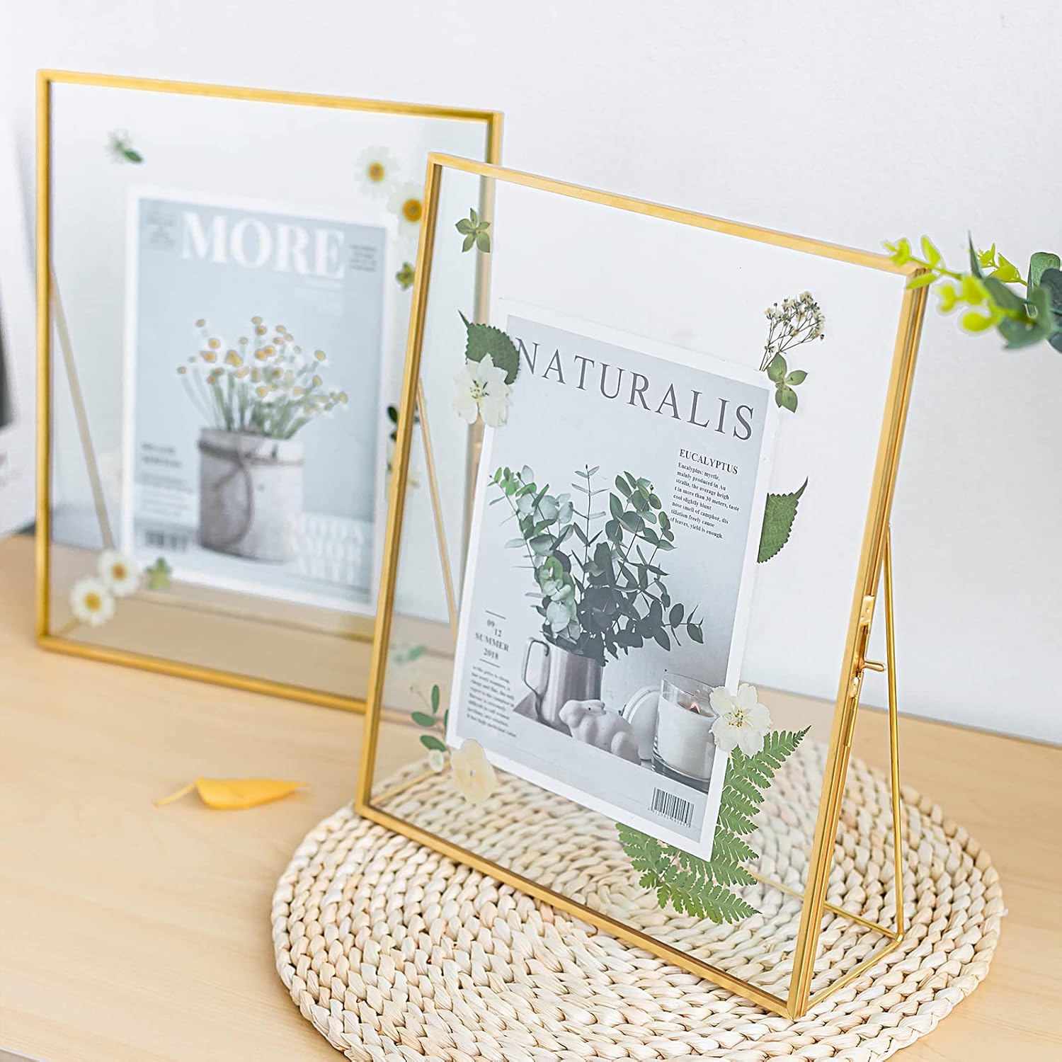 Gold Floating Picture Frame Set of 2, 10"x12" Glass Pressed Flower Picture Frames, Tabletop Standing Glass Floating Frame for 8x10 Photo Display