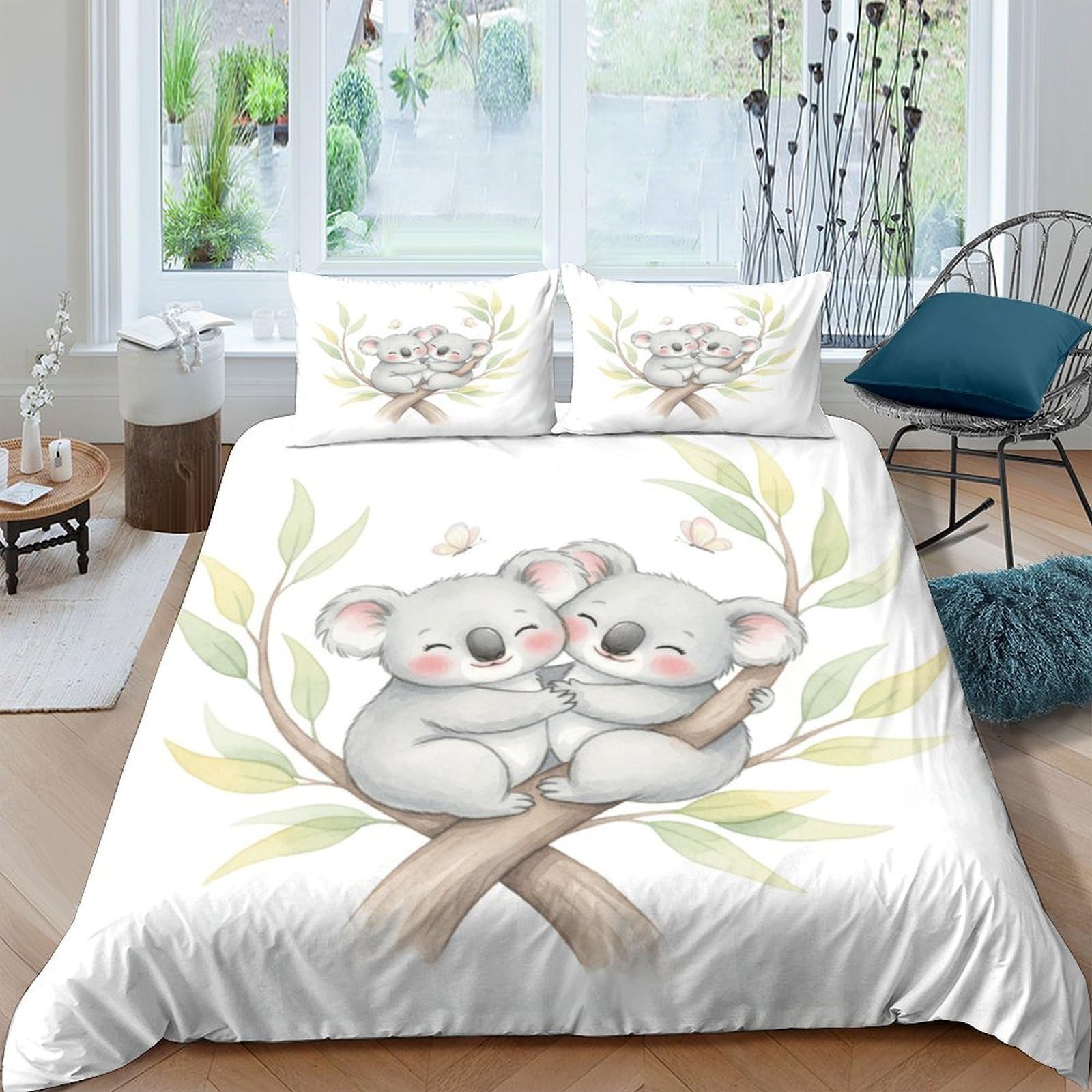 süßes Koala-Pärchen 3D Bedruckt Bettdeckenbezug 3teilig Mikrofaser leichtgewichtig Aquarellillustration Bettbezug 2 Kissenbezüge hautfreundlich Erwachsene Familie Super King（260x220cm）