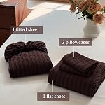 Striped Bedding Sheet Set 4 Pcs,100% Washed Cotton Linen Like,1 Fitted Sheet,1 Flat Sheet and 2 Pillowcases,Comfy Textured Sheet Set(Strip-Pine Bark Brown/Black,King Size)