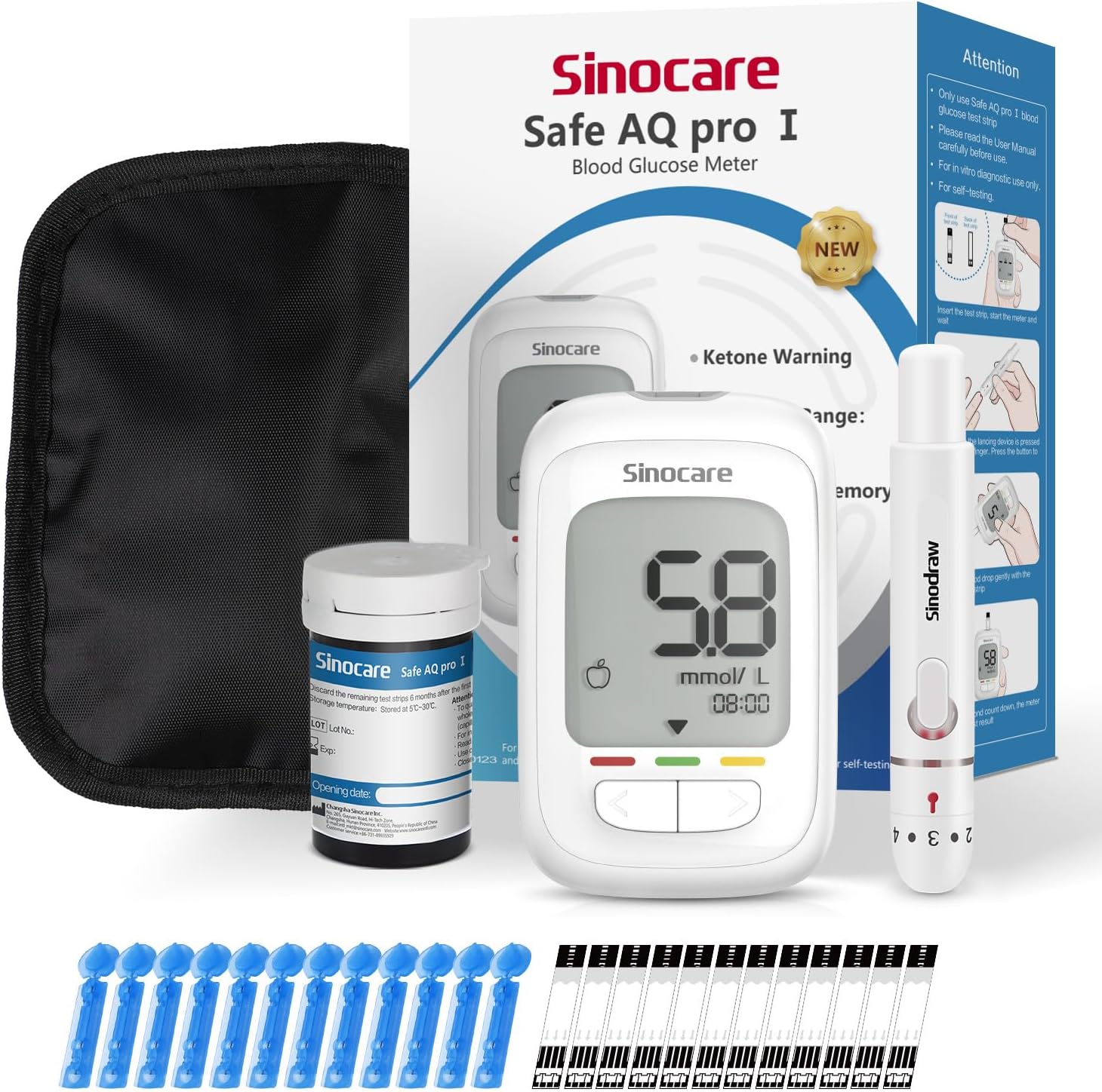 sinocare Safe AQ Pro I Blood Sugar Monitor, Blood Sugar Testing Kit, with Blood Ketone Warning, with Strips x 25 & Lancing Devices x 25 & Carrying Bag, 500 Memory, Results in mmol/L