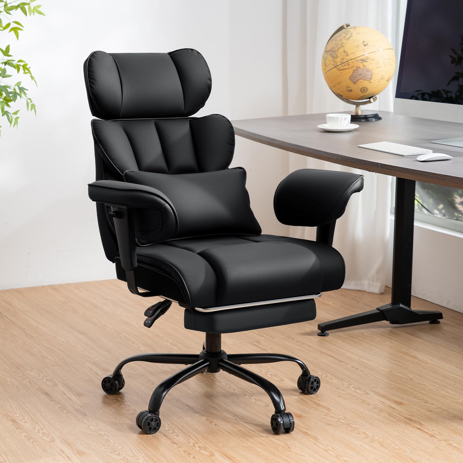 HOFFREE Ergonomischer Bürostuhl für schwergewichtige Personen bis 200kg – PU Leder Chefsessel mit Fußstütze, Hoher Rückenlehne, Verstellbaren Armlehnen und Lendenwirbelstütze in Schwarz
