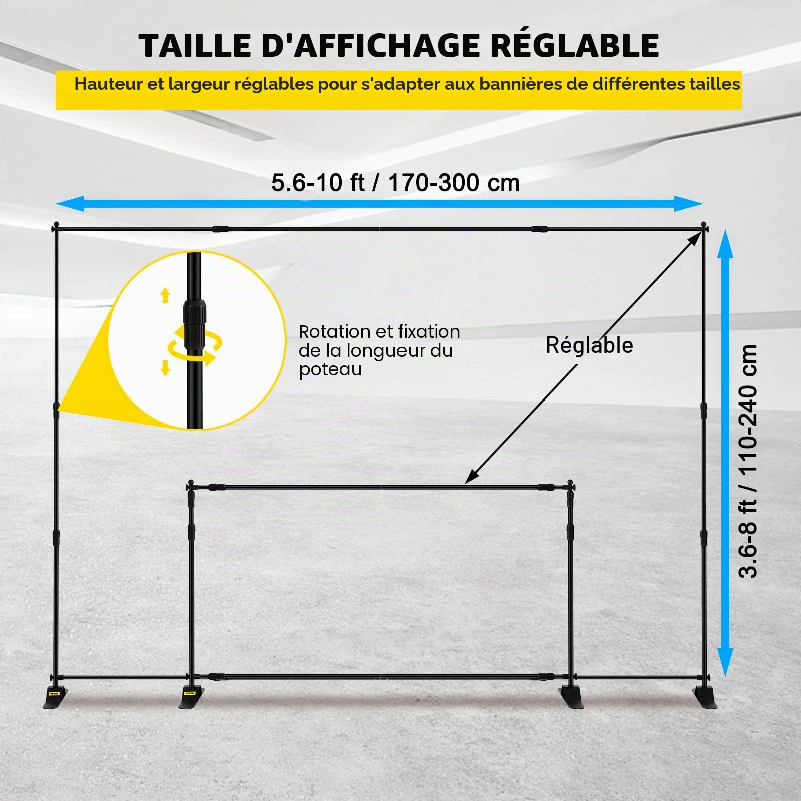 VEVOR Support de Papier Peint Photo 3 m x 2,4 m, Largeur réglable 66 "- 120" Support de bannière pour Toile de Fond Hauteur 37"- 96" Noir pour Salon Commercial télescopique présentoir