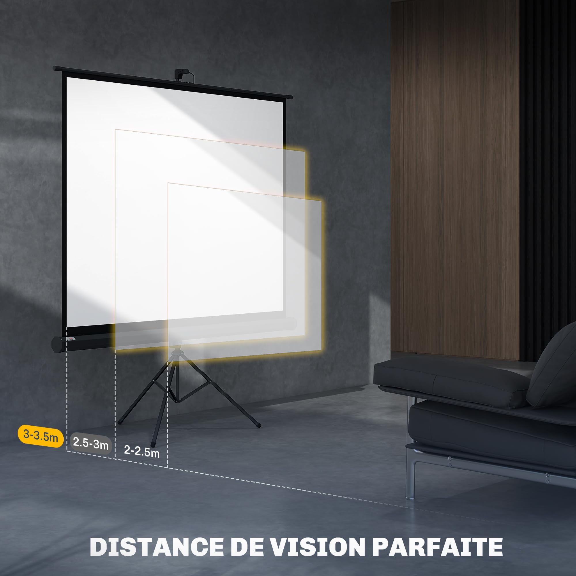 HOMCOM Écran de Projection avec Trépied Pliable 84 Pouces 4K HD 4:3, 180L cm, Écran Vidéoprojecteur, Hauteur Réglable, Angle de Vision 160°, pour Home Cinéma, Films en Intérieur/Extérieur, Noir