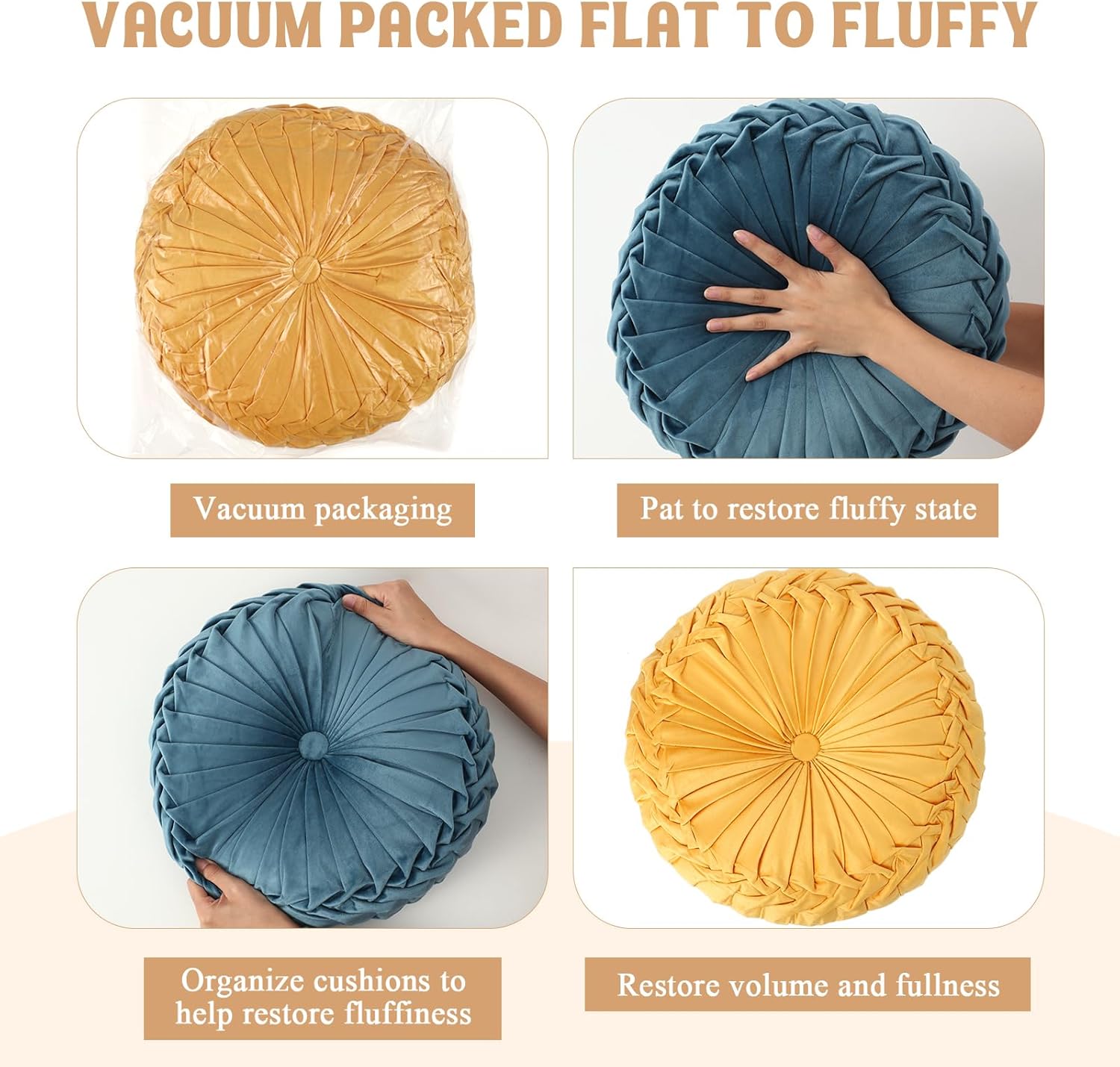 3 Pcs Round Throw Pillows Decorative Velvet Pleated Throw Pillows 15'' Diameter Accent Pumpkin Boho Chair Cushion for Couch Sofa Home Decoration (Yellow, Brown, Blue)