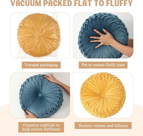 Miniatura 5 de Drydiet 3 almohadas redondas de terciopelo de 15 pulgadas de diámetro, plisadas, almohadas decorativas de calabaza, cojines bohemios para sofá,