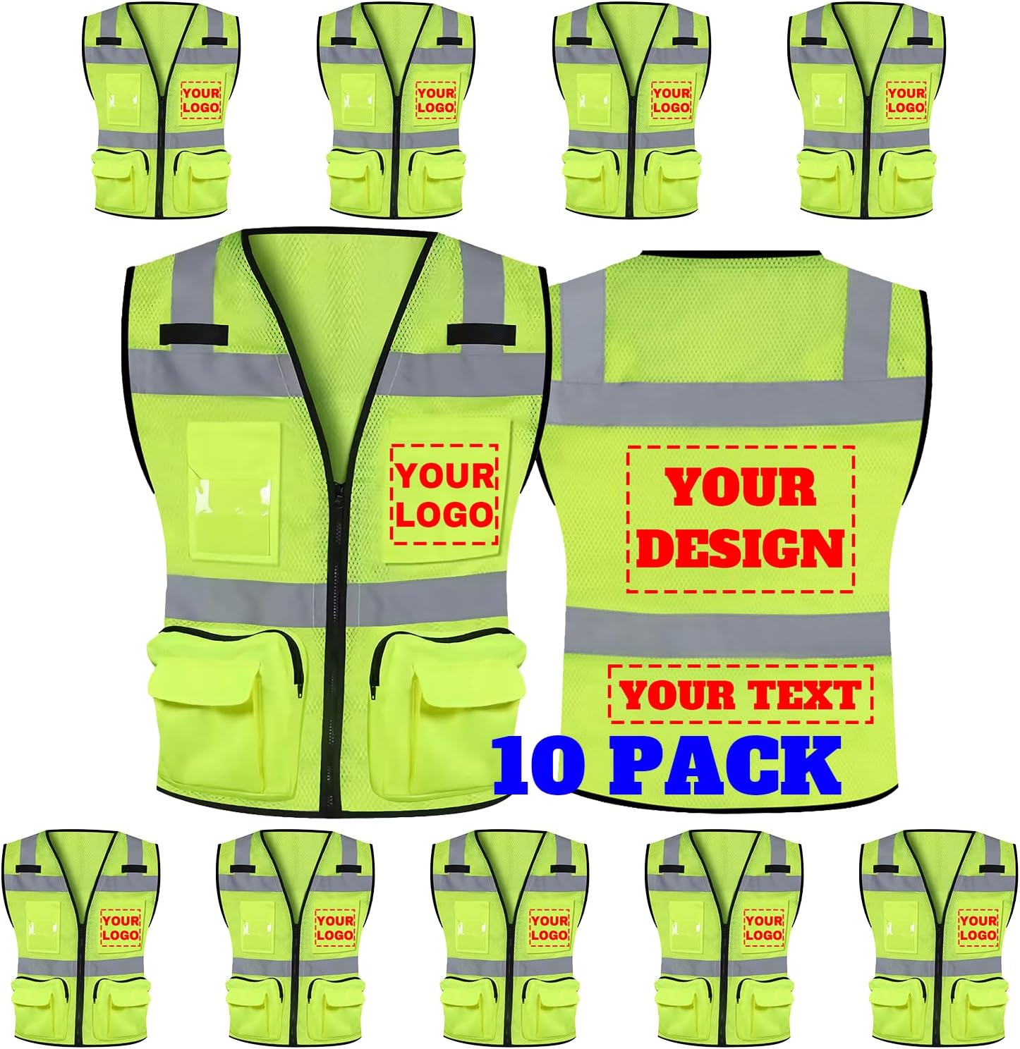 Custom Logo 10 PackSafety Vest Mesh High Visibility Reflective Vest Customized Logo Utility Zipped Pockets Construction Workwear (Yellow,M)