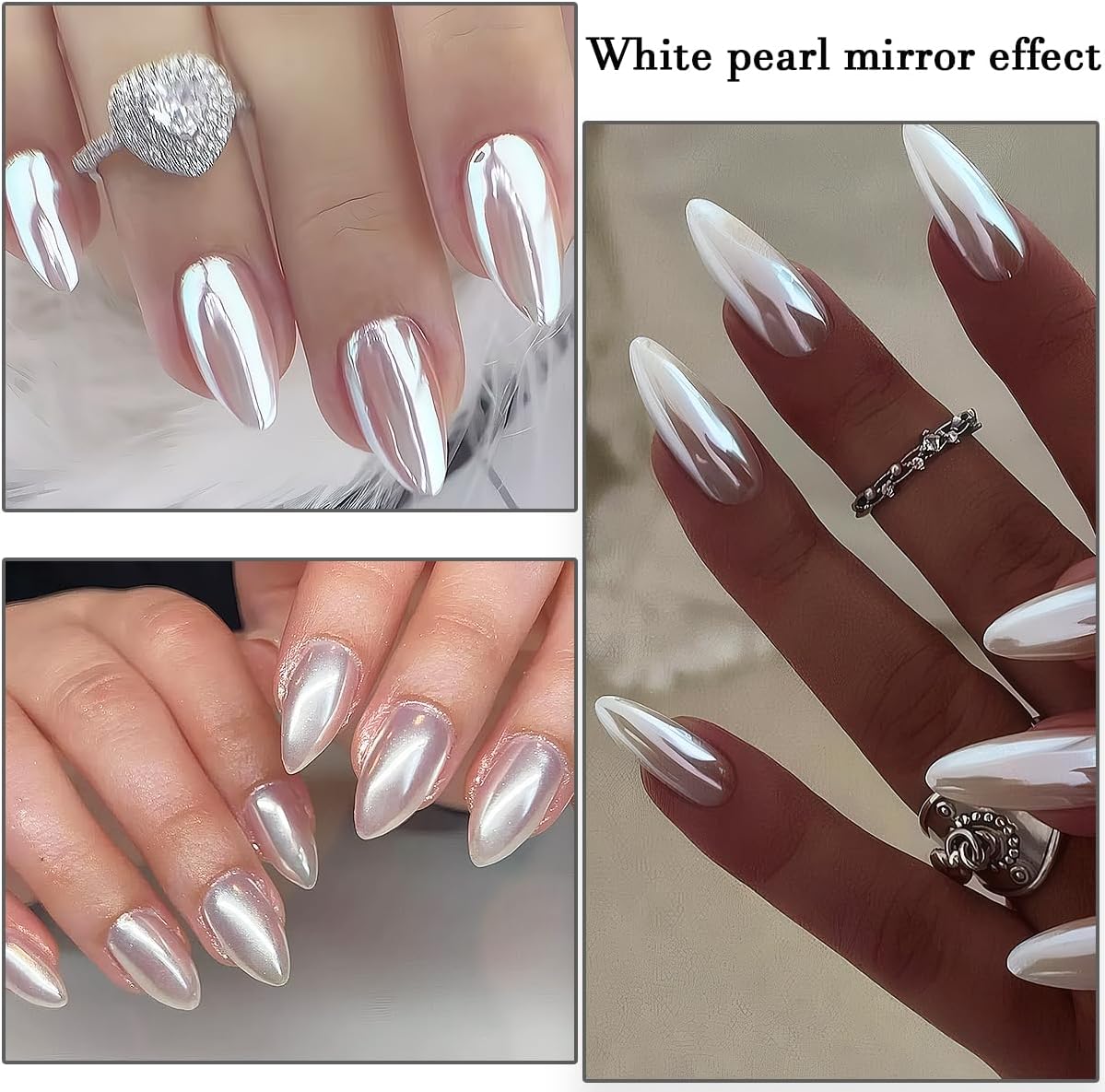 3Pcs Moonlight White Pearl Chrome Nail Powder, Super Glossy Clear Mirror Effect Holographic Pearl Nail Glitter Powder, Neon Ice Aurora Shimmer Sugar Pigment Dust for Nails Art Design
