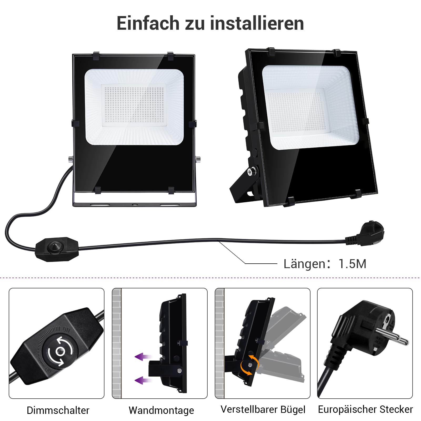 Lumiere Noire LED 300W Avec Fiches de Commutation à Intensité Variable, Projecteur LED UV Extérieur 395-400nm Lumière Noire Ultraviolet pour Soiree Fluo, Body Painting, Halloween (Lot de 2)