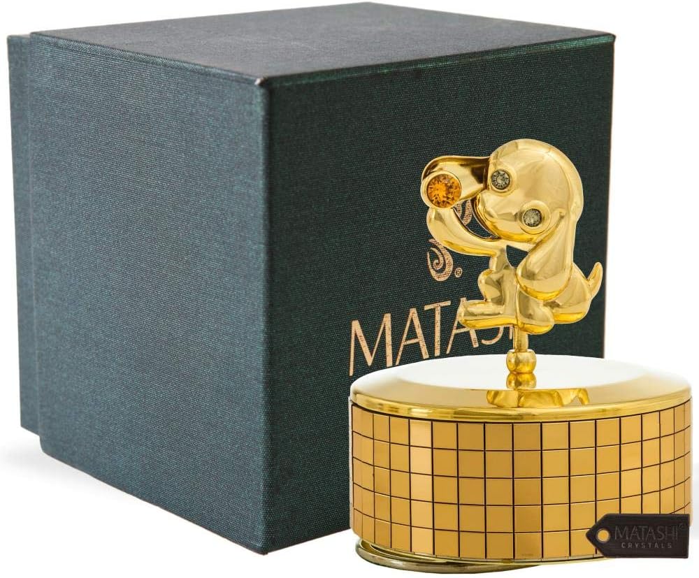 24K Gold Plated Puppy Dog Music Box, Plays Memory โ Gold Tabletop Ornament w/Crystals Showpiece for Home Living Room Decor โ Best for Mothers Day, for Mom, Grandma, Musician