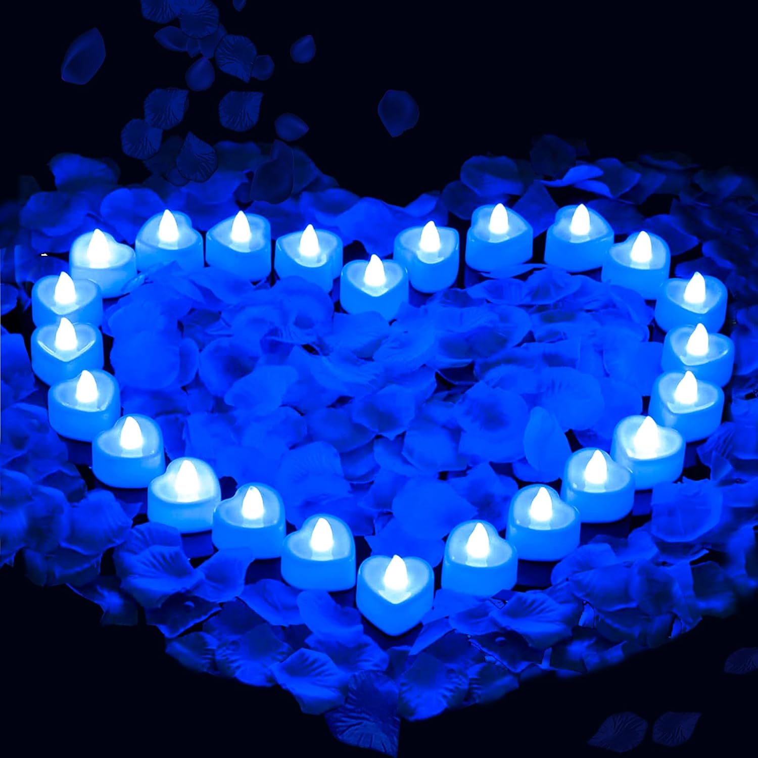 Pyrrhiax 2000PCS Silk Rose Petals with 24 LED Tea Lights Candles, Romantic Night Decoration Set, Romantic Valentine, Wedding Anniversary, Send her and him Memories (Blue)