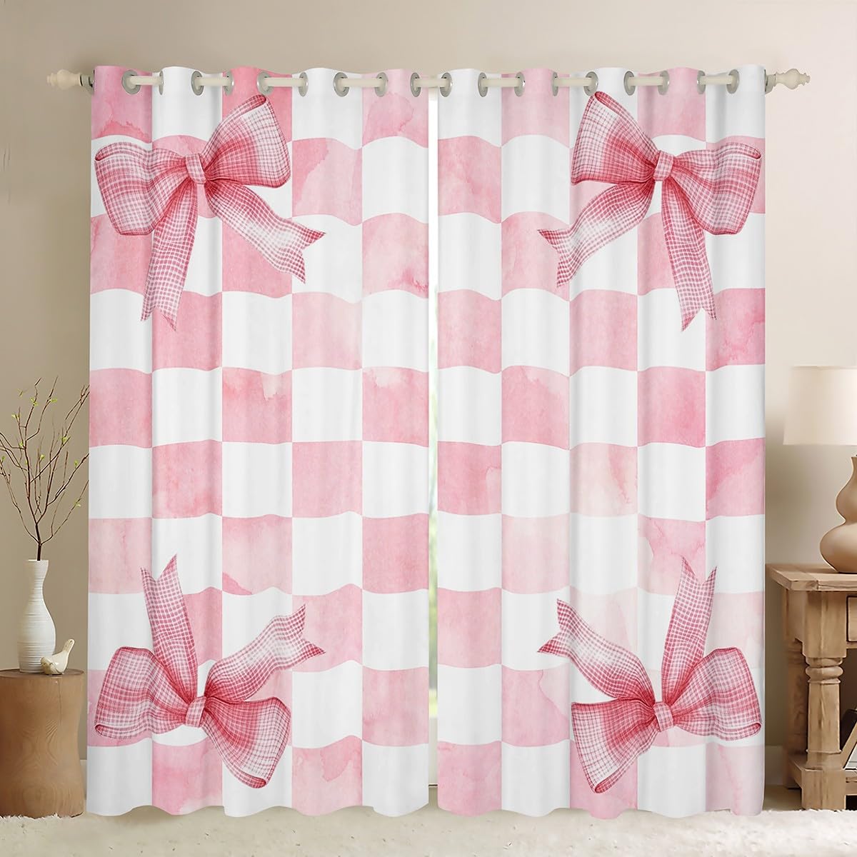 Pink Bowknot Kids Blackout Curtains,Geometric Grid Checkered Patchwork Fashion Window Drapes for Girls Women,Bow Tie Knot Princess Chic Unique Window Treatments Grommet Top 2 Panel Set,46Wx54L inch — image 1