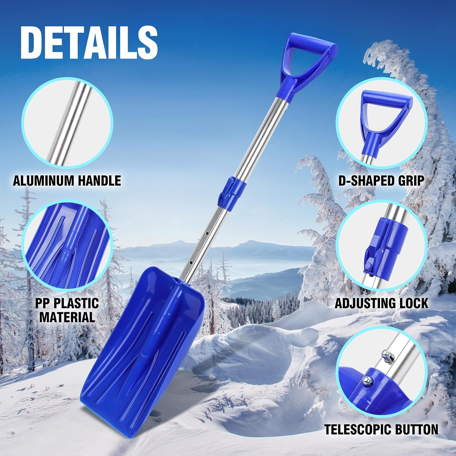 Kids Snow Shovel, Adjustable and Detachable, Portable and Lightweight, Snowman Maker for Winter Snow Playing, Snow Removal Emergency Tools for Car Driveways Use (Age 3+, Blue and Red, 2 Pack)
