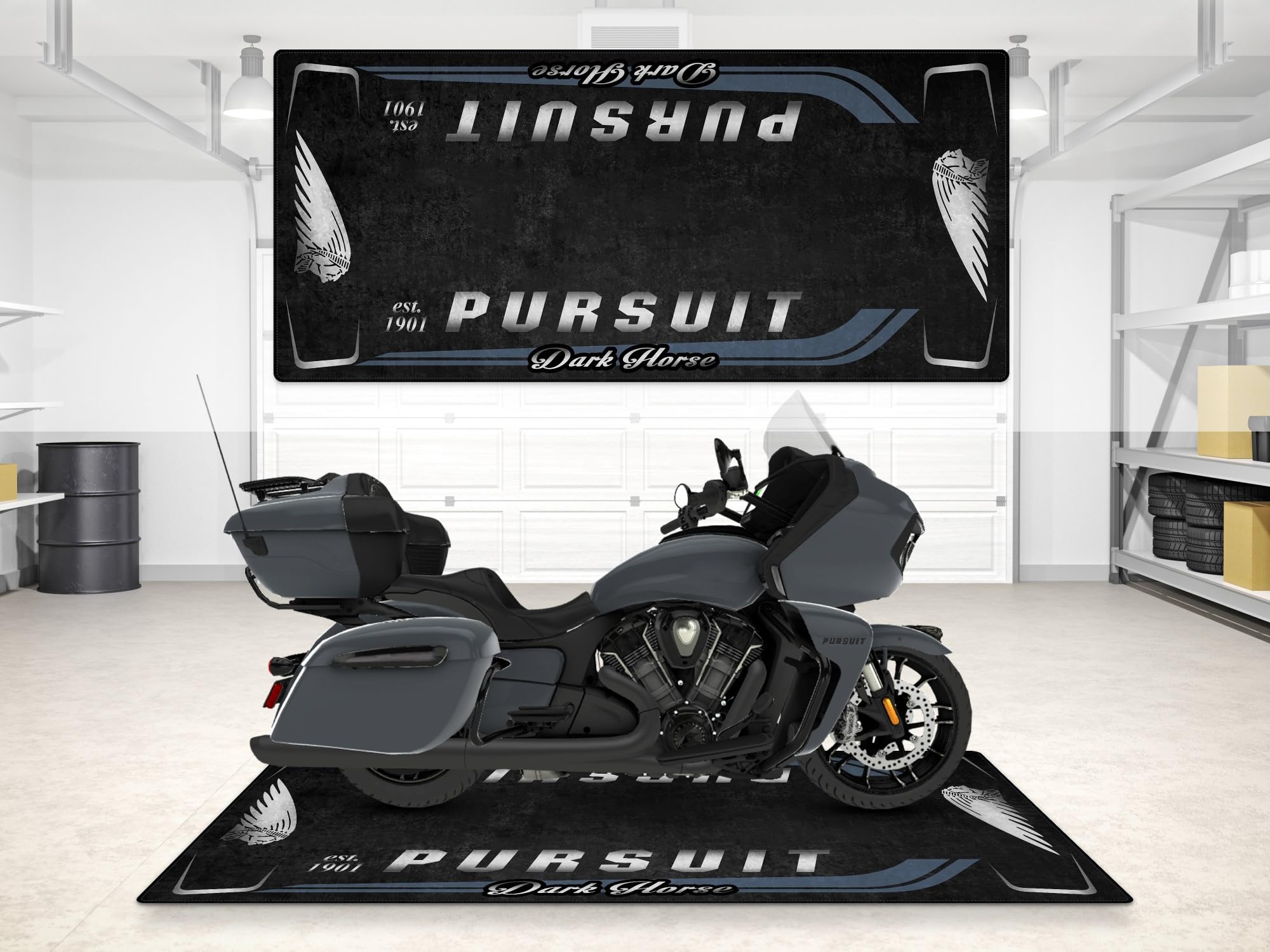 wibeart Parking Mat for Indian Pursuit Dark Horse Motorcycle Model, Display and Pit Mat, Washable Non-Slip Garage and Showroom Floor Carpet (Stealth
