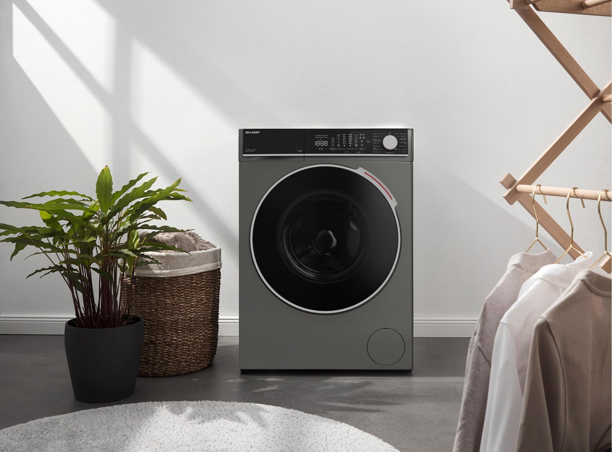 SHARP Waschmaschine ES-WNFL814CADA-DE – Frontlader 8 kg, Energieeffizienzklasse A, 1400 U/min, Advanced Inverter Motor, Super Silent, AquaStop, WiFi App-Steuerung, Dampffunktion, Espresso Gray