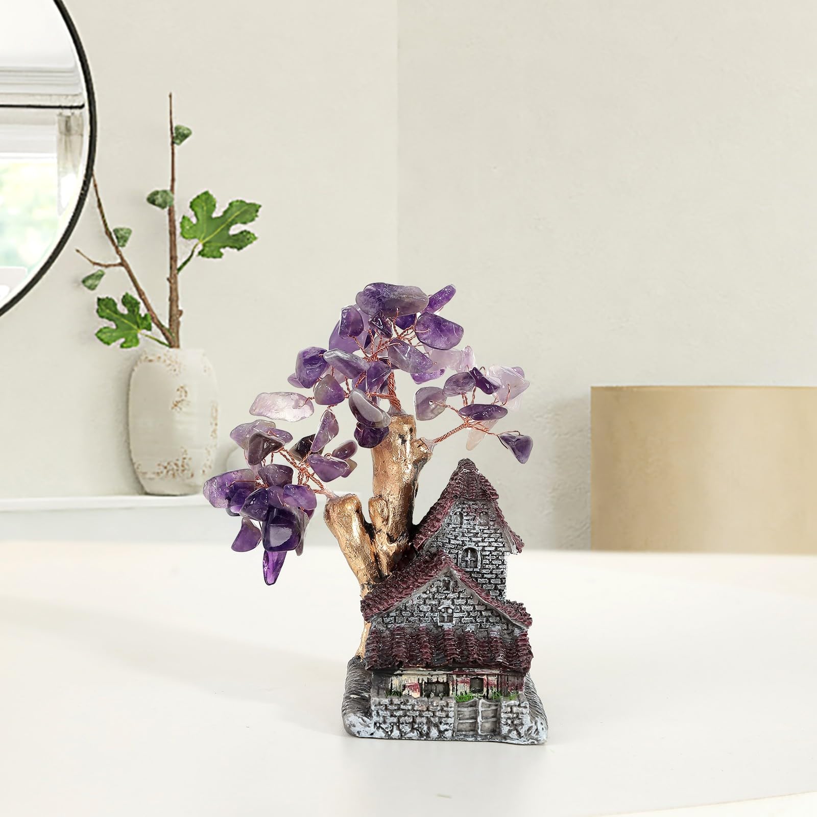 SUNYIK Harz Mini-Feenhaus Mit Kristall-Baum – Ca. 11 Cm, Citrin, Deko & Geschenk