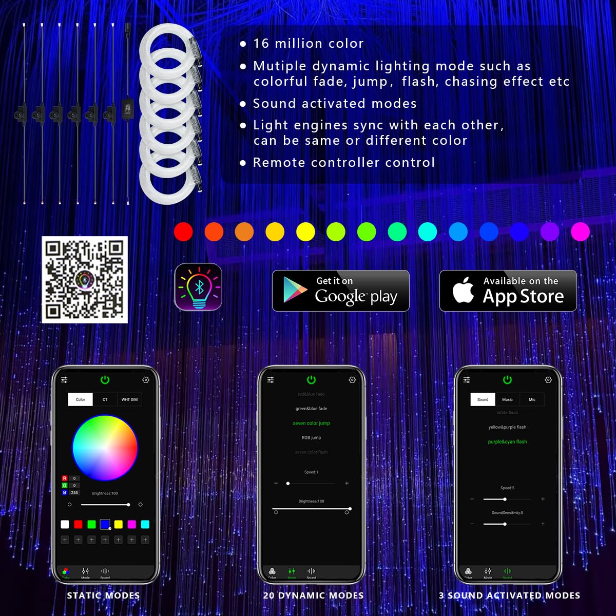 AKEPO 6-in-1 Fiber Optic Decoration Light, Music Sync+Remote Control RGB Colorful Dynamic Effect+1200pcs*?0.03in(0.75mm)*8.2ft/2.5m PMMA END Glow Optical Fiber Cables for Home Ceiling Hanging Light