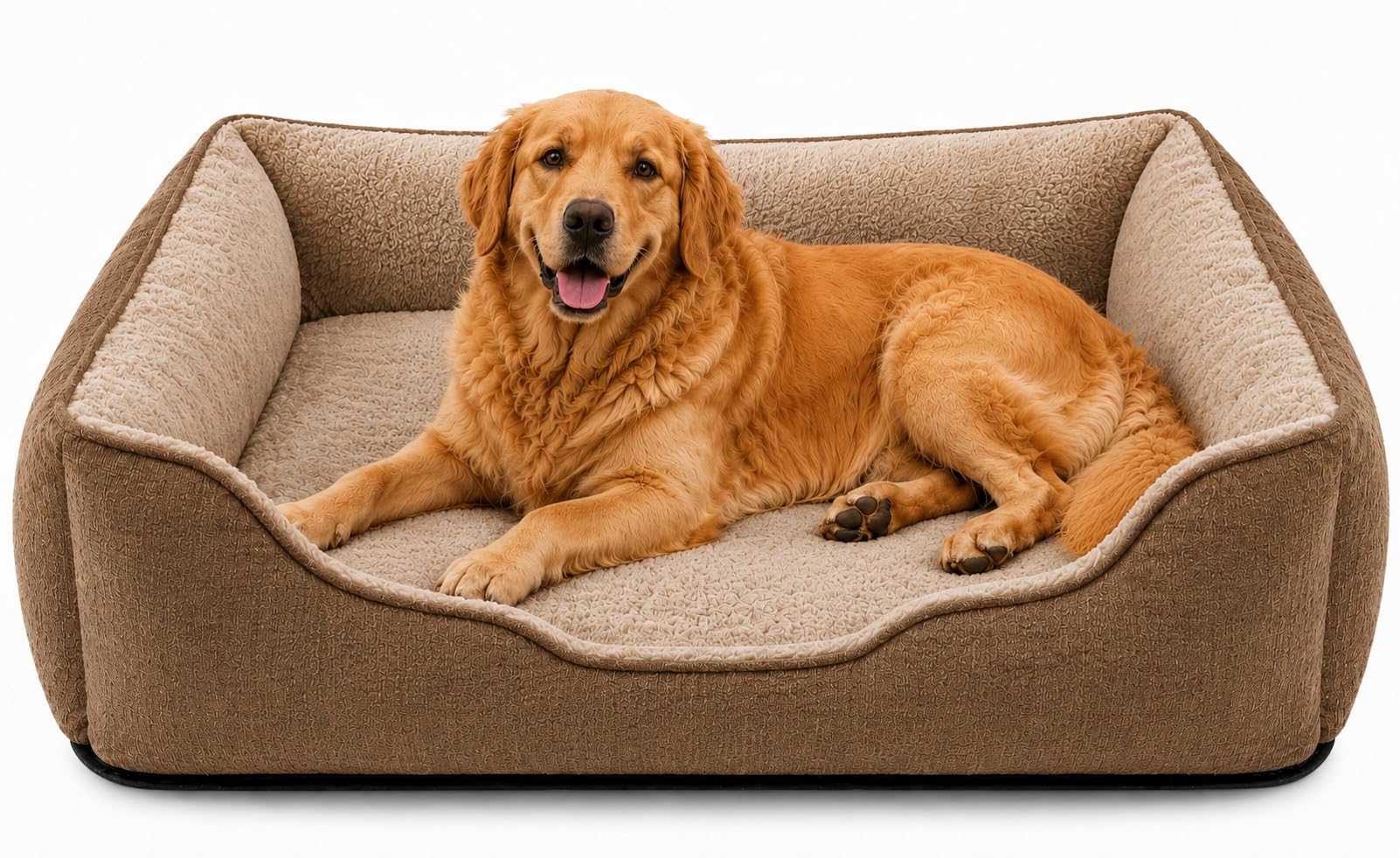 SuperGift.com Fluffy Calming Pet Bed for Dogs & Cats – Soft Plush Washable Cushion Sofa Bed with Raised Sides, Anti-Slip Base (Brown, L)