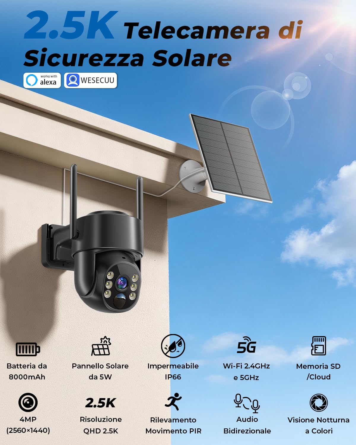WESECUU Telecamera WiFi Esterna senza Fili Solare 2.5K 4MP con Pannello Solare 5W, Wi-Fi 2.4G e 5GHz, Registrazione Continua 24/7, Batteria 8000mAh, Monitoraggio Automatico PTZ a 360°, IP66, PIR