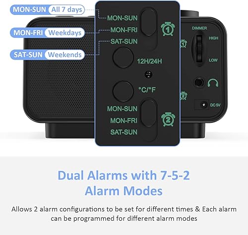 Miniatura 3 de USCCE Radio de reloj despertador digital - 0-100 de atenuación alarma dual con modo de día semanafin de semana 6 sonidos de volumen ajustable radio