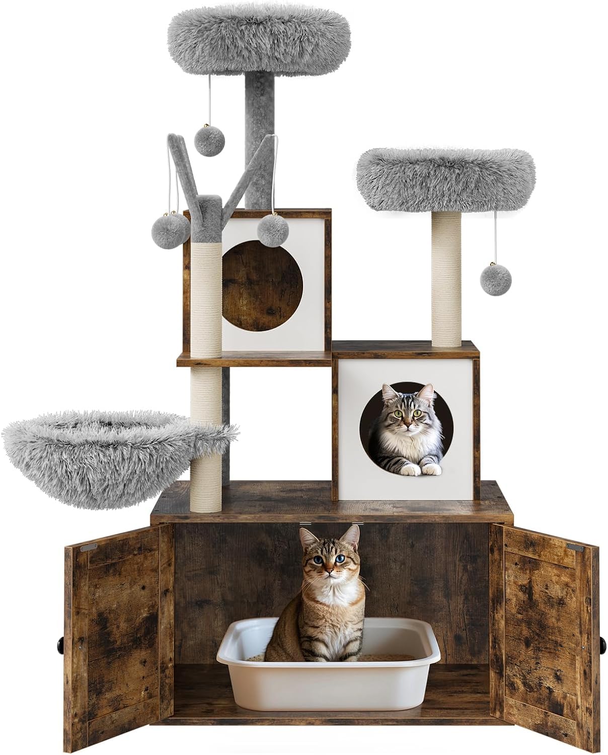 Katzenbaum Mit Katzenklo Schrank, 146 cm Hoch, Katzenhaus Aus Holz Mit Kratzbaum, HäNgeball, KatzenrüCken Und Oberer Sitzstange, All-In-One (Eichenbraun)
