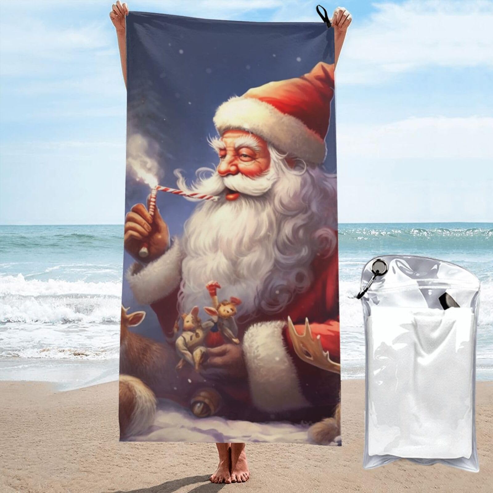 BWWHCCTI Santa Claus print Printed Microfiber Quick Dry Beach Towel 70x140 CM, Fast Drying Bath Towels with Bags for Travel,Camping,Gym,Beach,Swimming,Yoga