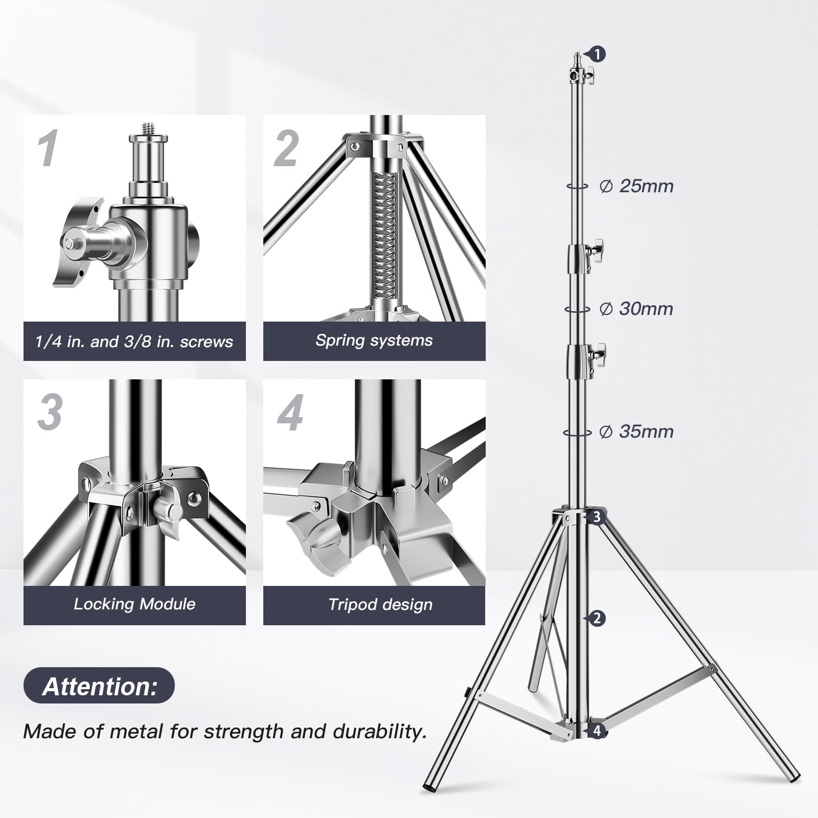 Supporto per Luce 2,8 m Treppiedi in Acciaio Inox con Molla Ammortizzata e Adattatore Universale da 1/4" a 3/8" per Fotografia Studio Softbox Riflettore