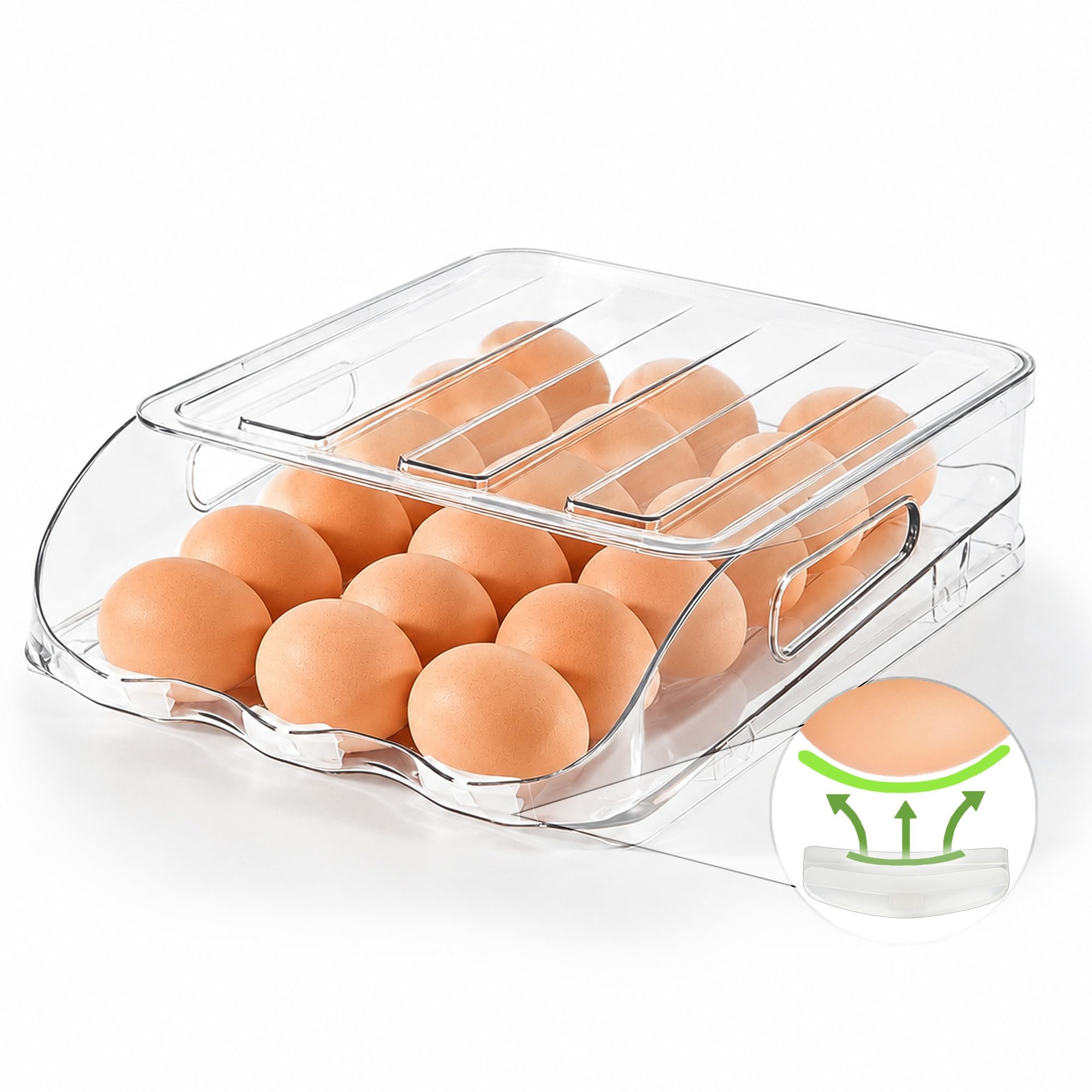 SMRCAD 18-Egg Holder for Fridge with Silicone Bumpers, Auto-Rolling Desigin