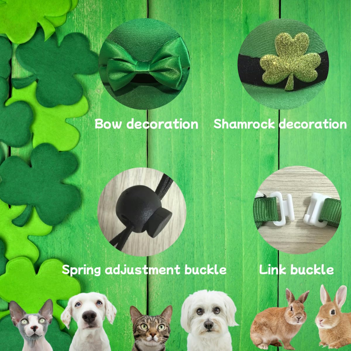 St Patrick's Day Costume For Dog Cat 4pcs Set Bandana Collar and Pet Top Hat With Clover Pattern Adjustable For Puppy Dogs Cats Kitten (S-4pcs Green Hats Collar) - Image 3