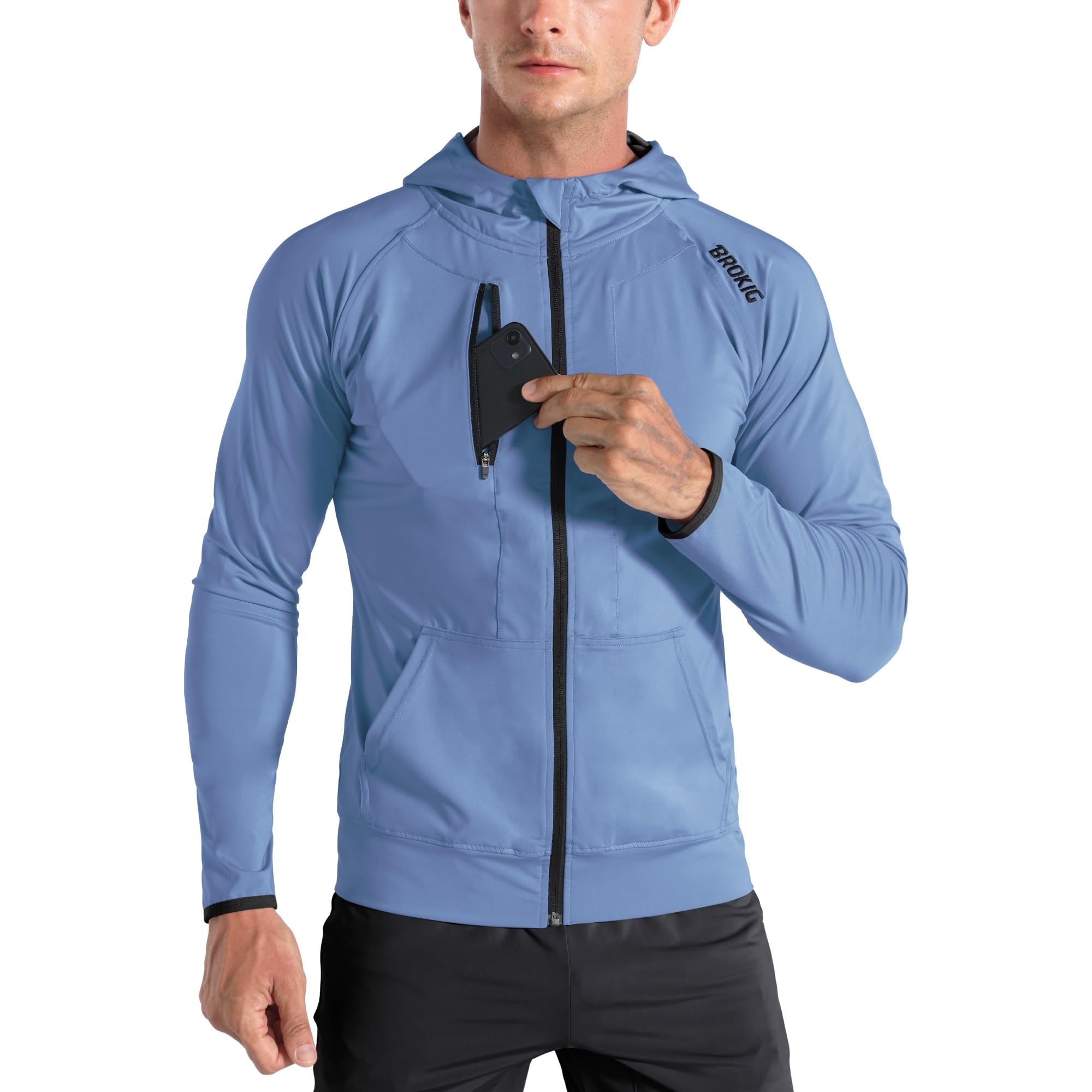 BROKIG Leichte Hoodie Herren,Schnelltrocknende Laufjacke Atmungsaktives Kapuzenpullover Trainingsjacke mit Reißverschluss