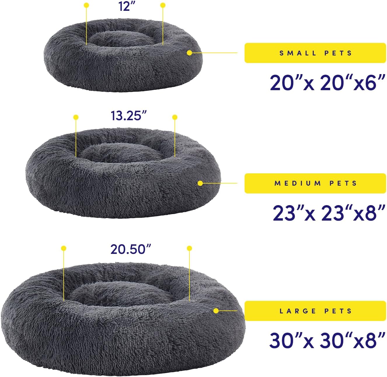 Dog & Cat Bed: Round Faux Fur Pet Bed - Plush, Cozy, & Calming Donut Bed for Large Pets - Soft & Comfortable Sleeping Cushion for Napping & Lounging, 30" Round, Dark Gray