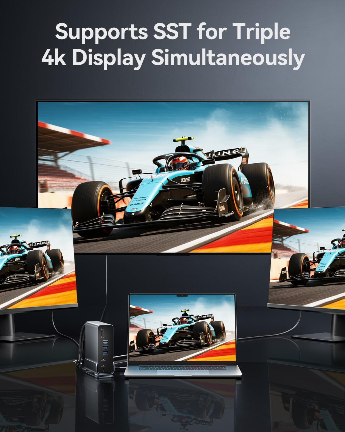 Notebook připojený ke třem 4K monitorům přes dokovací stanici