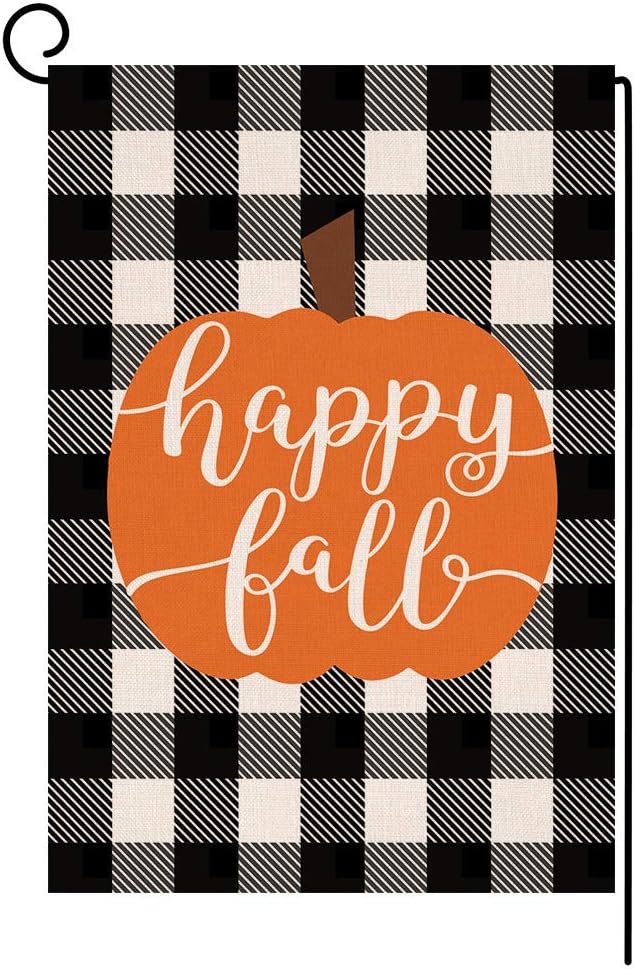 Happy Fall Pumpkin Thanksgiving Garden Flag Vertical Double Sided Farmhouse Autumn Buffalo Check Burlap Yard Outdoor Decor 12.5 x 18 Inches (134193)