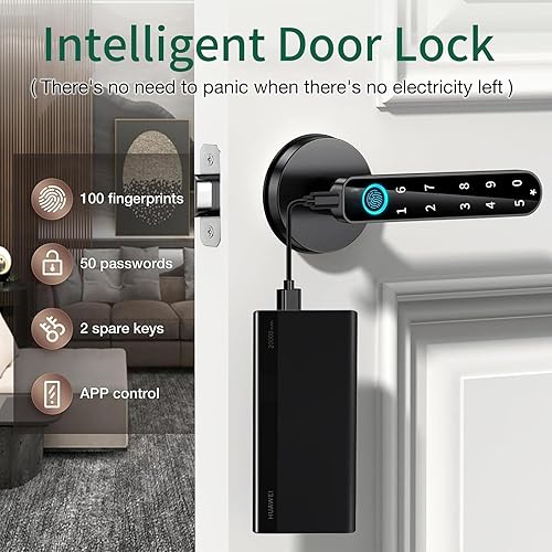 Miniatura 5 de Cerradura de puerta de huellas dactilares, perilla de puerta inteligente, cerradura de puerta biométrica 5 en 1 con llave de respaldo de código de