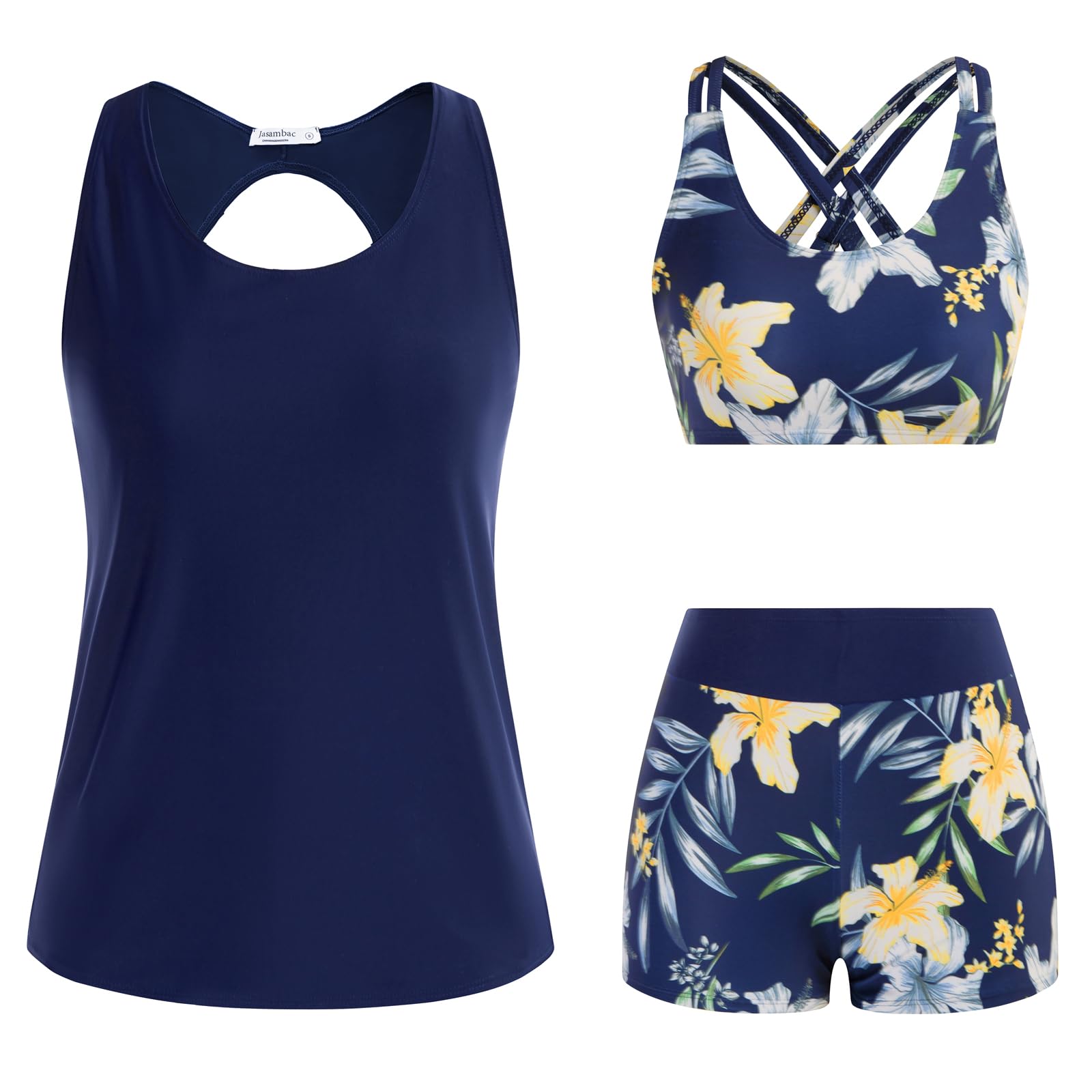 JASAMBAC 3-teiliger Tankini Damen Bauchweg, Push-up-Bikinioberteil und High Waist Badeshorts, einfache Badebekleidung, Damen-Sport-Badeanzug, Bademode für Schwimmbad, Strand