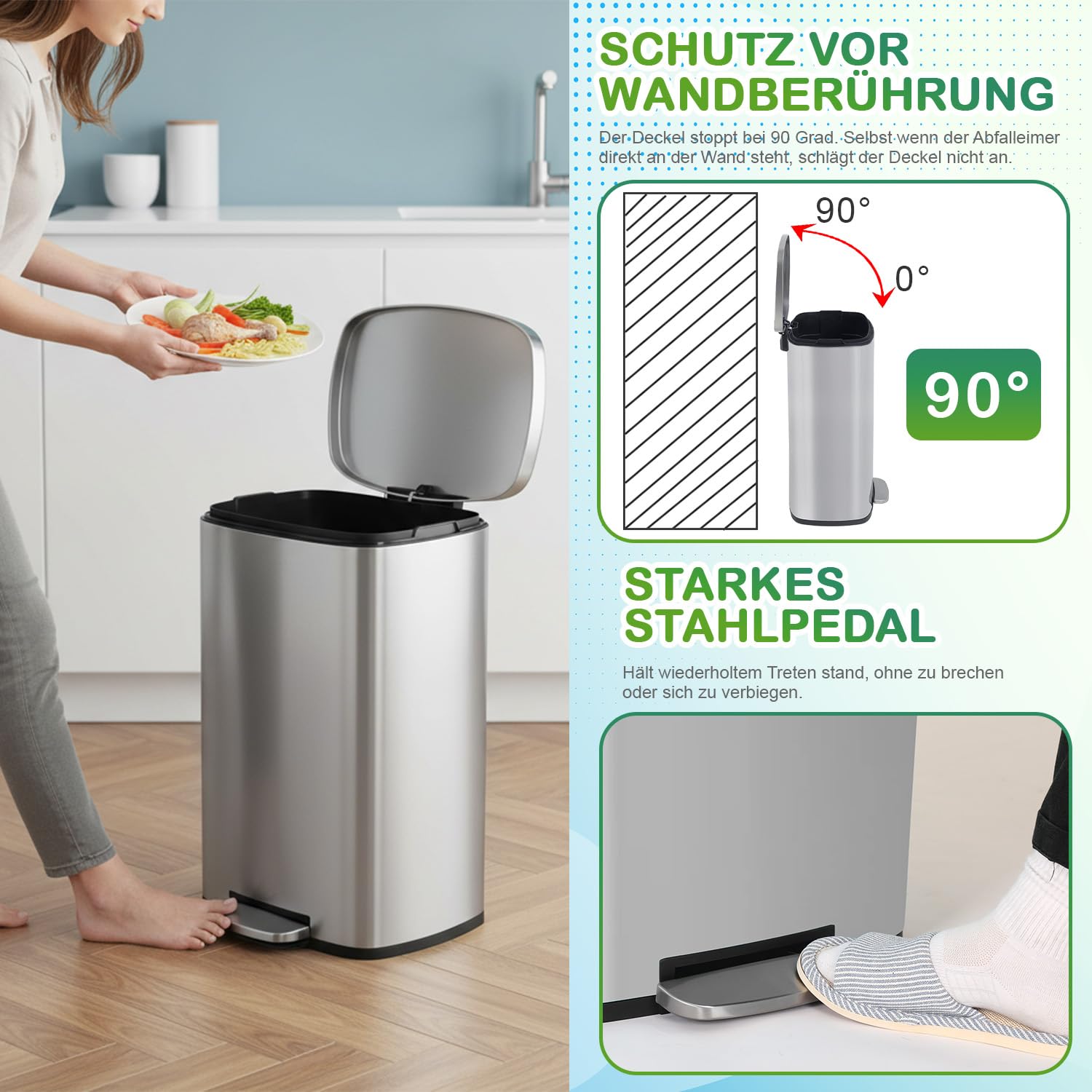 BestOffice 50 L Mülleimer Küche Mülleimer mit Deckel für Büro Schlafzimmer Badezimmer Schritt Mülleimer Fingerprint-Proof gebürstetem Edelstahl