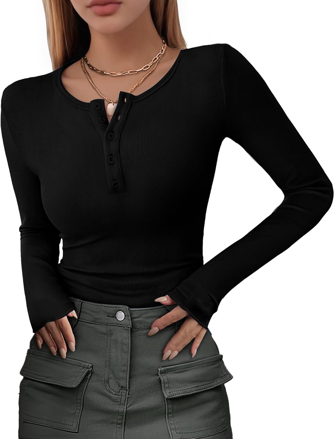 YOGINGO Long Sleeve Shirts for Women, Casual Henley Shirts for Women, Basic Blouses Ribbed Knit Shirts Tunic T-Shirts Party