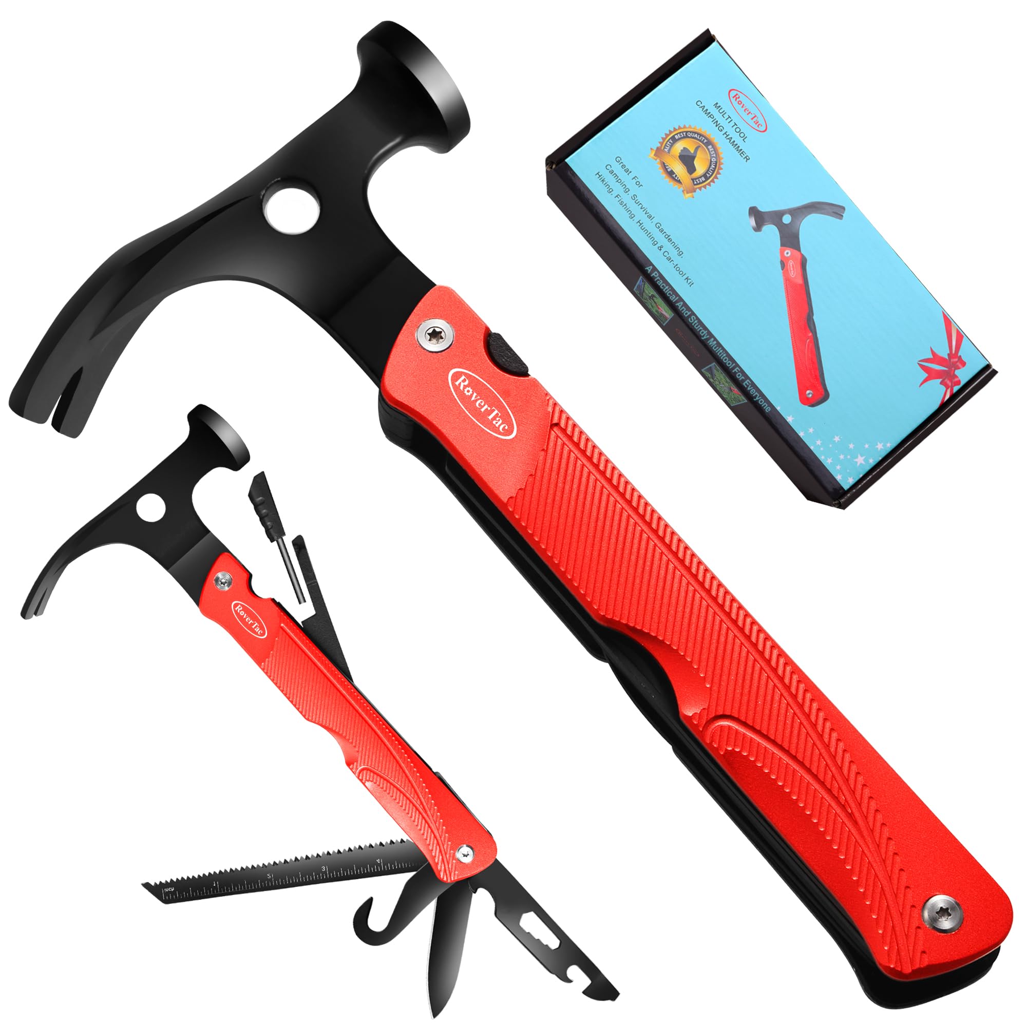 RoverTac Multitool Camping Hammer, 13-in-1 Survival Tool with Knife, Saw, Whistle, Fire Starter & More - Compact Gear for Camping, Hiking, Outdoors - Perfect Gifts for Men, Dad, Stocking Stuffers