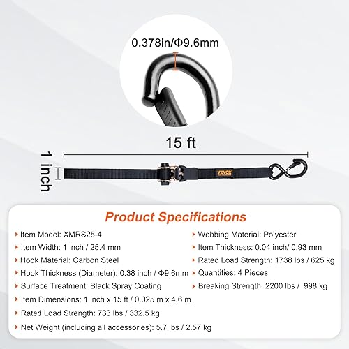 Miniatura 7 de VEVOR Correas de amarre de trinquete (4 paquetes), resistencia a la rotura de 2200 libras, juego de correas de amarre de trinquete resistentes de 1