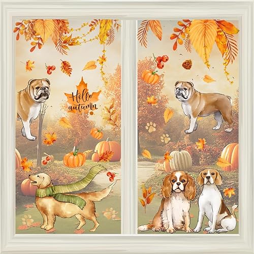 Calcomanías para ventana de otoño, Acción de Gracias, hojas de arce de otoño, hojas de arce, calcomanías de ventana de perros de cosecha de doble