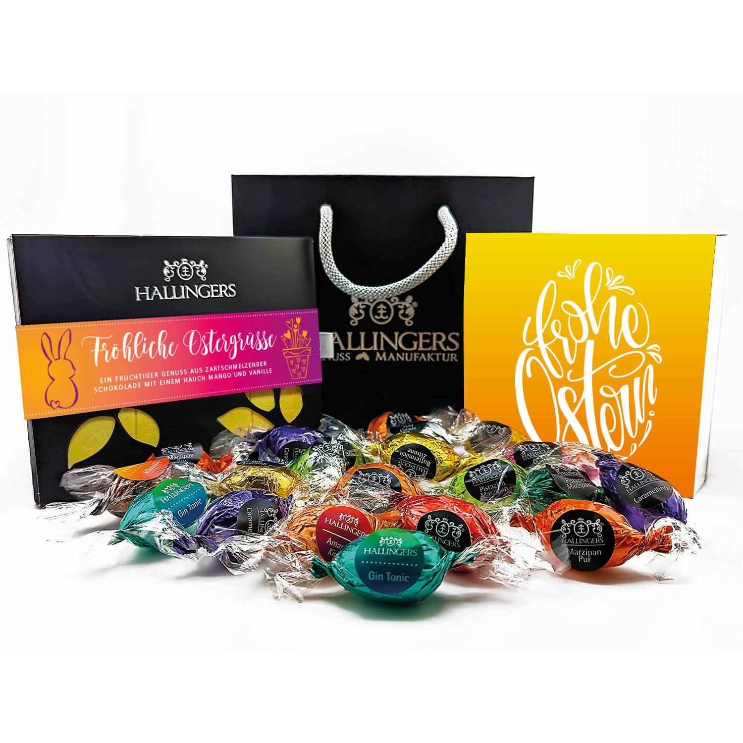 Hallingers Genuss Manufaktur Feinkost Oster-Geschenk-Set - XL-Geschenkkorb "Easter Bag pink..." großes Osternest 1 Schokoladen-Tafel, 9 Trüffel & 20 Pralinen-Ostereier, Ostern Körbchen für Frauen